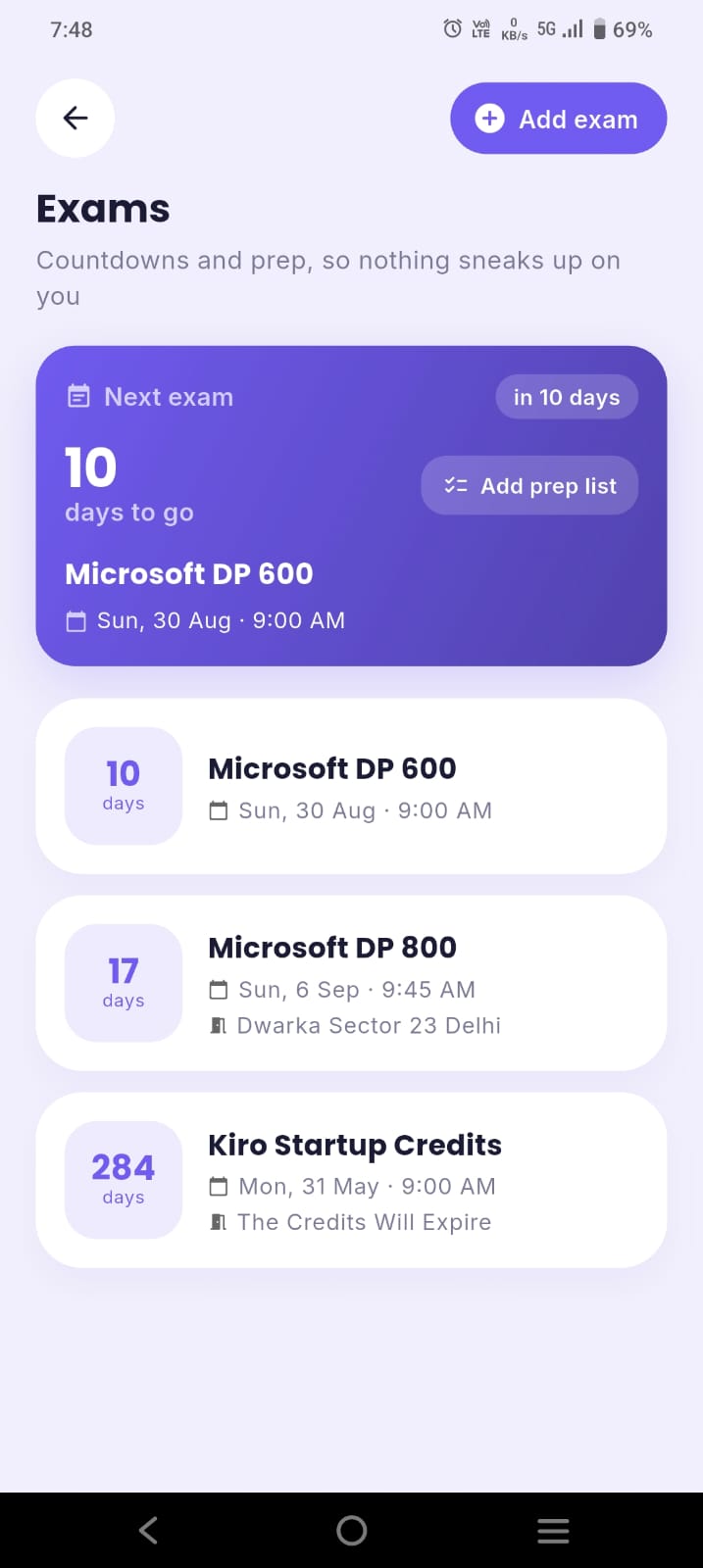 ClassTrack Exams screen showing a live countdown of 10 days to go until the Microsoft DP 600 exam, with a list of upcoming exams and their dates and times