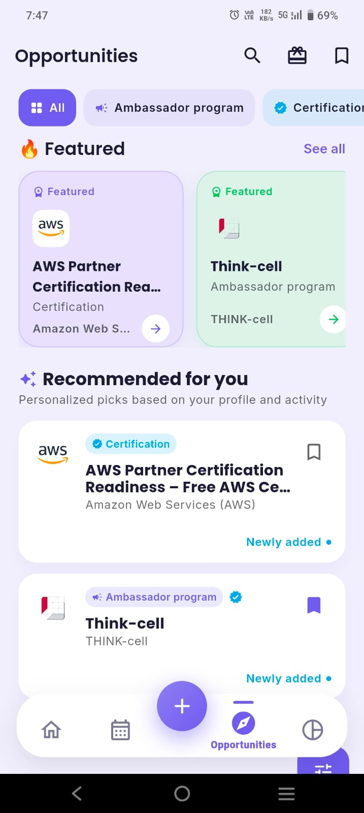 ClassTrack Opportunities feed showing featured items such as an AWS certification and an ambassador program, with personalised recommendations based on your profile
