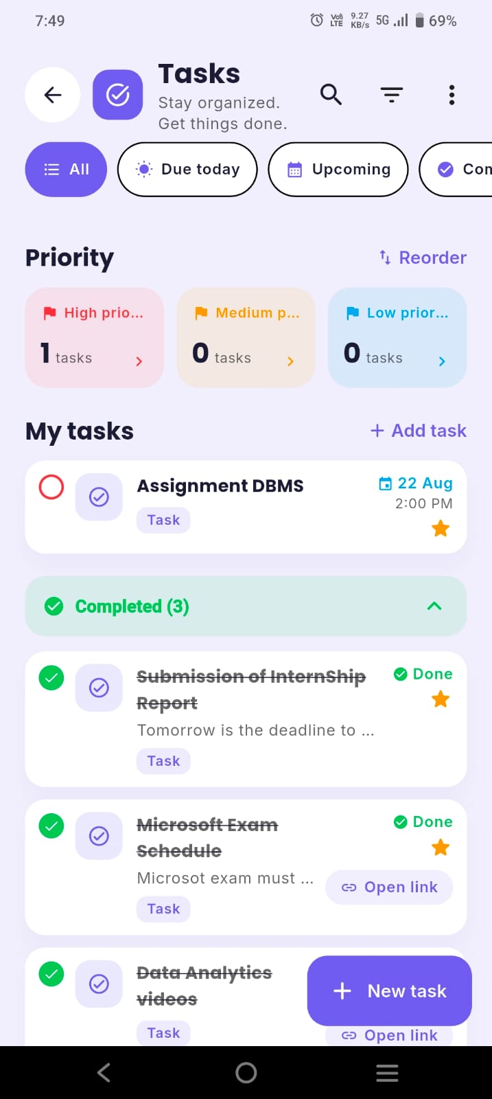 ClassTrack Tasks screen showing assignments grouped by priority with due dates, a high-priority DBMS assignment due 22 August, and a list of completed tasks