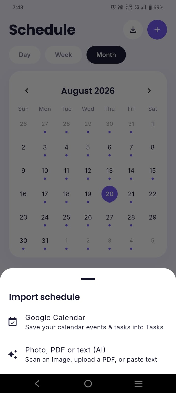 ClassTrack Import schedule menu offering Google Calendar import and a Photo, PDF or text AI option that scans an image, uploads a PDF or pastes text to build your timetable