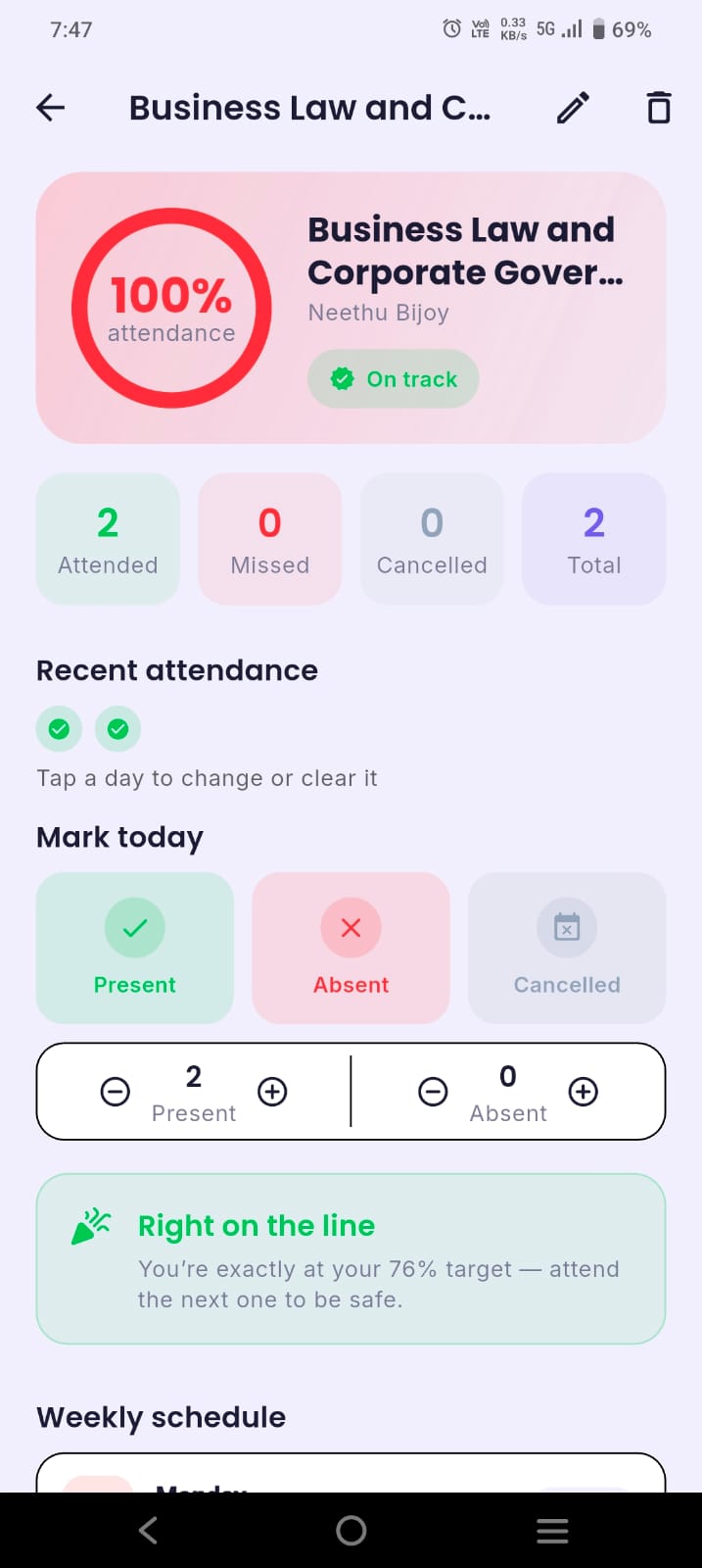 ClassTrack subject attendance detail showing 100% attendance, an On track badge, and bunk guidance saying you are exactly at your 76% target
